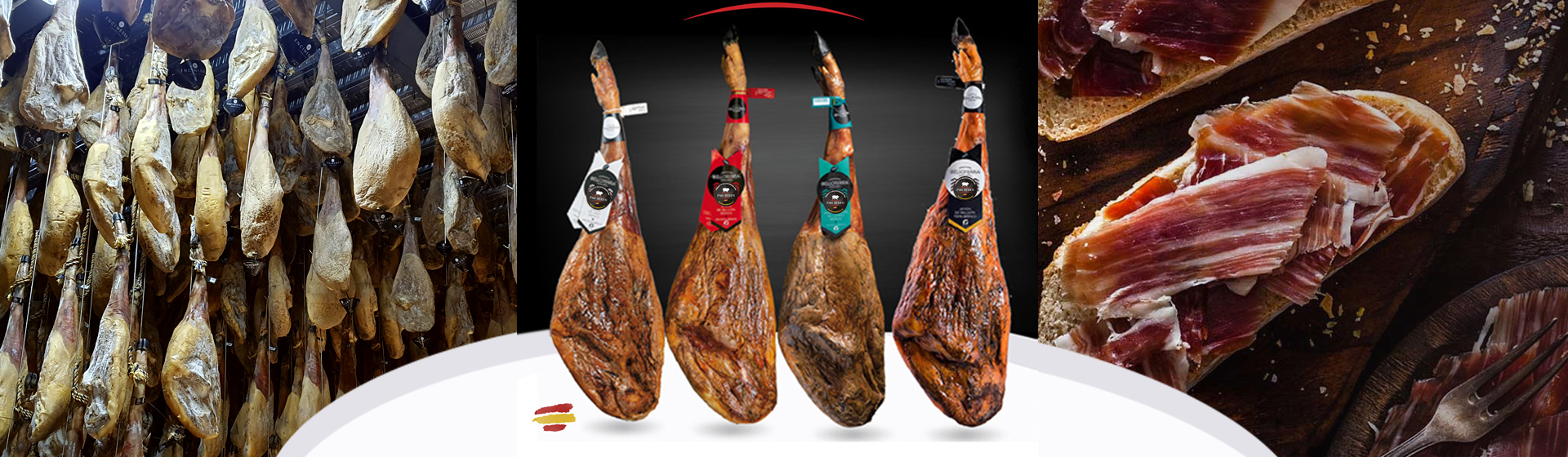 Selección de Jamones 100 % ibéricos de bellota de Guijuelo, Valle de los Pedroches, Extremadura y Jabugo.